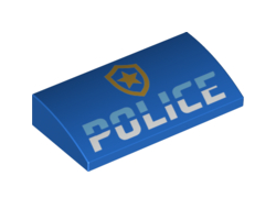 Slope, Curved 2 x 4 x 2/3 with Bottom Tubes with Bright Light Blue and White POLICE and Gold Star Badge Logo Pattern, Blue (88930pb116 / 6287989)