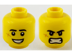 Minifigure, Head Dual Sided Black Eyebrows, Cheek Scar, Large Smile with Teeth / Angry Pattern - Hollow Stud, Yellow (3626cpb2574 / 6289265)