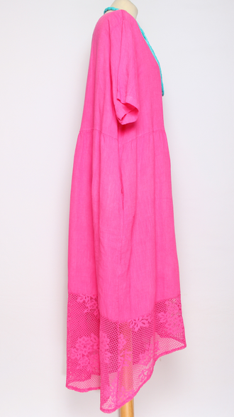 ПЛАТЬЕ БОХО ЛЬНЯНОЕ " АЖУРНОЕ КРУЖЕВО" фуксия, оранж, св.бежевое, желтое до р.54