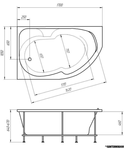 Ванна акриловая 1,7*1,05 Марка1 ДИАНА (каркас+панель)