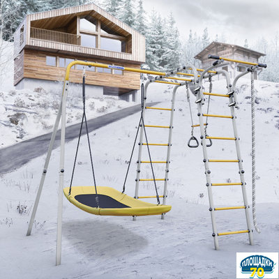 Детский спортивный комплекс для дачи ROMANA Веселая лужайка - 2 (красный/желтый/белый) (с пластиковыми качелями)