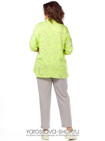 Брючный комплект 2-ка из хлопка серого цвета блуза с абстрактным принтом