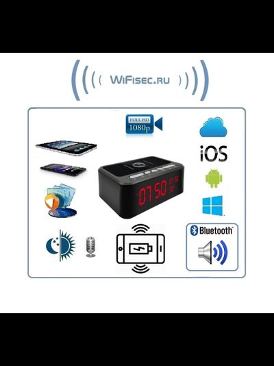 IP видеоняня WiFi (информатор времени + температуры в помещении, охранная видеокамера, беспроводная зарядка, стерео колонка Bluetooth) с DVR, Full HD 2 Mp