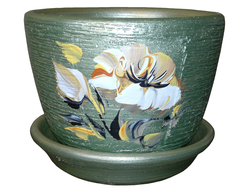 Зеленый оригинальный керамический цветочный горшок диаметр 11 см с рисунком цветок