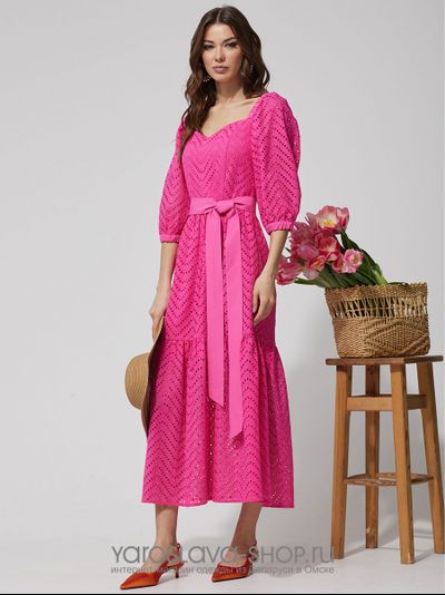 Нарядное платье с воланом из хлопка, ткань-шитьё малинового цвета