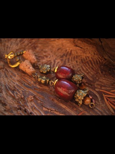 Бохо-серьги "Вино из шиповника" с тигровым глазом и дисками гитарных струн