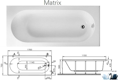 Ванна акриловая, 170 х 75 см, Vitra Matrix 50710001000