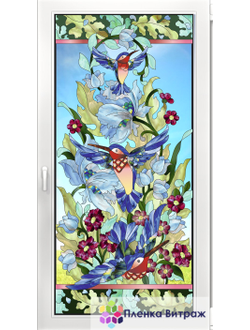 Витражная пленка, витражная пленка самоклеющаяся под заказ,пленочный витраж флора с птицами колибри