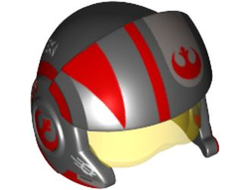 Minifigure, Headgear Helmet SW Rebel Pilot Raised Front and Microphone with Trans-Yellow Visor with Red and White Stripes and Rebel Alliance Symbol Pattern, Black (21566c01pb01 / 6124704 / 6147027 / 6208848 / 6289513)