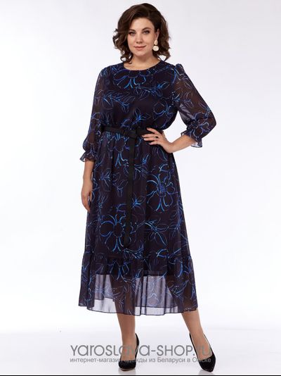 Модель: 2483.Женское шифоновое платье в синем цвете с цветочным принтом