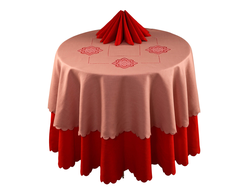 Розовая вышитая льняная скатерть диаметр 180 см на круглый стол в русском стиле