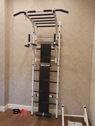 Шведская стенка в квартиру с турником рукоходом , брусьями и скамьей для пресса. С креплением к стене  "Рукоход"