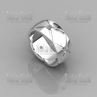Широкое женское кольцо из белого золота с узором в виде диагональной сетки и бриллиантами  (Вес: 8,8