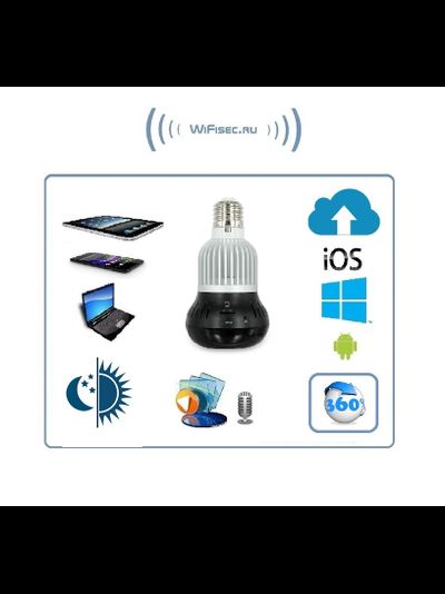 Панорамная WiFi видеоняня/видеокамера (лампа накаливания, цоколь Е27) с DVR, HD 960p (360EyeS)