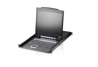 Переключатель, электрон., KVM,  1 user консоль LCD 19&quot; =&gt;16 cpu PS2/USB+VGA, с KVM-шнурами PS2 1х1.8м.;USB 1x1.8м., 1280x1024, 1U 19&quot;, исп.спец.шнуры, OSD, каскад 256, лат./рус.клавиатура [ATEN CL1316N-AT-RG]