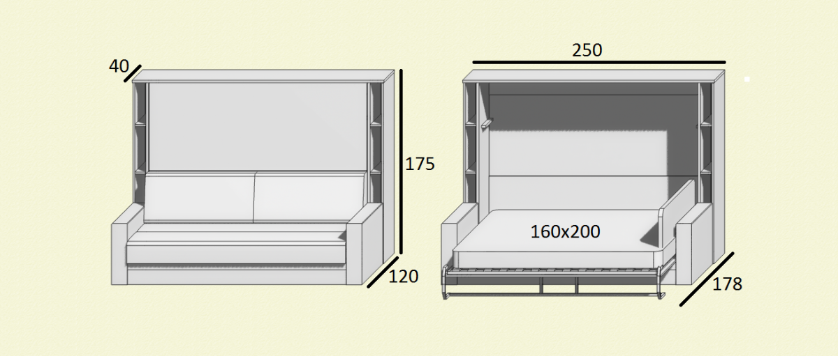 Горизонтальная шкаф-кровать с диваном 3 в 1 160х200