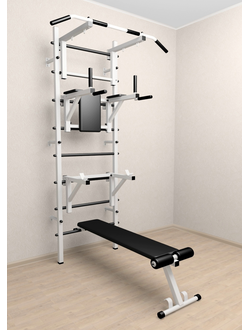 Шведская стенка с турником, брусьями, скамьей для пресса, подставка под штангу