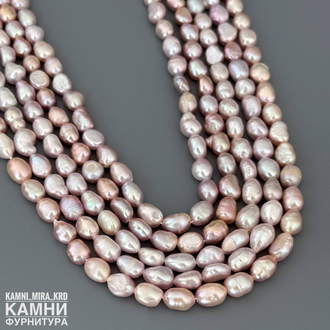 Жемчуг речной розово-бежевый средний рис 6,6-7,2х7,3-10,2 мм, цена за нить 17 см