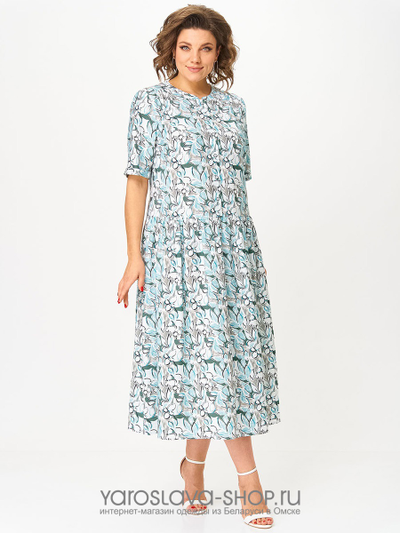 Платье женское А-силуэта с растительным орнаментом в зелено-голубых оттенках