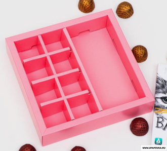 Коробка под 8 конфет + шоколад с окном Розовая 17,7 х 17,8 х 3,8 см