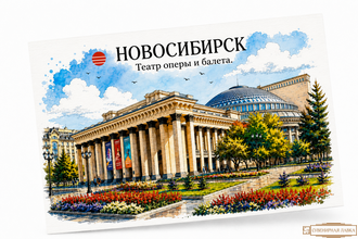 Почтовая открытка 10-15 см Новосибирск Оперный театр акварель