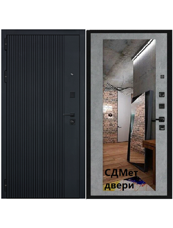 Стальная дверь ВЕРТИКАЛЬ Блек blacк 3к / ФЛЗ Зеркало бетон светлый