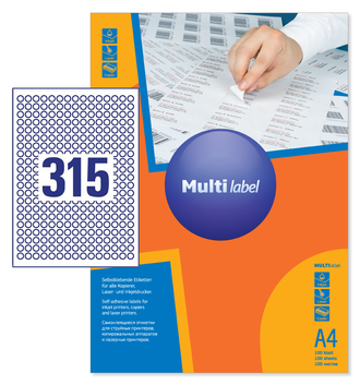 Этикетки А4 самоклеящиеся MultiLabel 500л, белые, круглые, Ø10мм, 315шт/л, 50100100