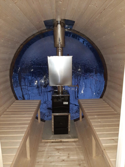 Круглая баня бочка с панорамным сферическим окном