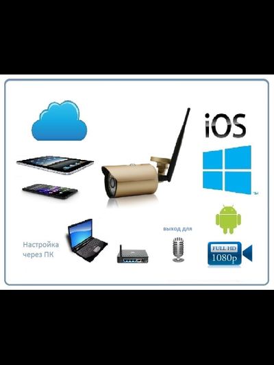 Уличная WiFi/LAN телекамера выходом для подключения микрофона (аудио канал), Full HD 2MP