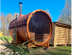 Круглая баня бочка с плоским панорамным окном
