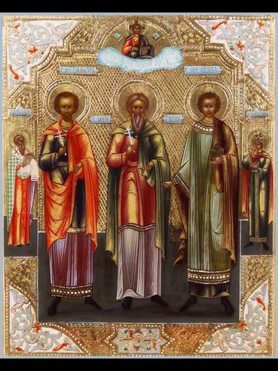 Самон, Гурий и Авив, Святые мученики, исповедники. Рукописная православная икона.