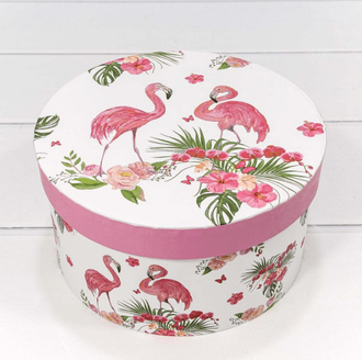 Коробка круглая подарочная &quot;Фламинго с цветами&quot; (белая), 14*7,5см