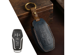 Чехол для смарт ключа Ford Mondeo 5, Explorer 5 с 4 кнопками на брелке. Натуральная синяя кожа.