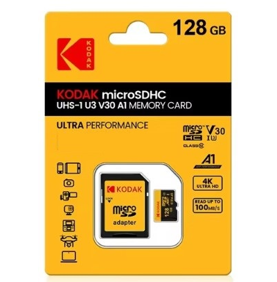 Карта памяти Kodak Micro SD, класс 10, UHS-1 U3 V30 A1 на 128 ГБ, чтение 100 МБ/с, запись данных 30 МБ/с, + переходник SD