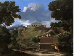 Картина обогреватель, репродукция Никола Пуссен Пейзаж с древним саркофагом и двумя фигурами