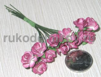 бумажные цветы "Роза", цвет розово-бордовый, 10 мм, 12 шт/уп