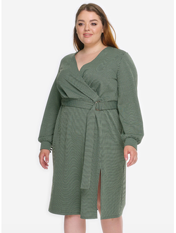 Платье на запах с поясом 2026902 оливковый/принт "Гусиная лапка" (48-74).