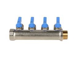 Коллектор распределительный STOUT с шаровыми кранами 3/4", 4 отвода 1/2" (синие ручки) (Арт. SMB 620