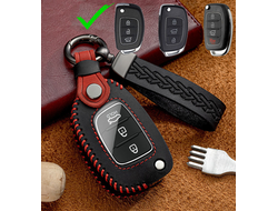 Кожаный чехол для выкидного ключа хендай. Прострочка красной ниткой. На месте кнопок защитная плёнка