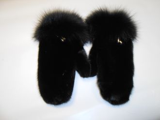 Варежки, рукавицы норковые женские натуральный мех норка опушка песец черные арт. Вно-012