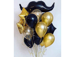 Связка из шаров "Для мужчины" Включает в себя ( 9 однотонных шаров, 3 звезды 18", 2 шара с конфетти, и фольгированная фигура усы)