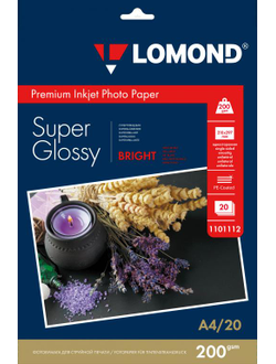 Суперглянцевая ярко-белая (Super Glossy Bright) микропористая фотобумага Lomond для струйной печати, A4, 200 г/м2, 20 листов.