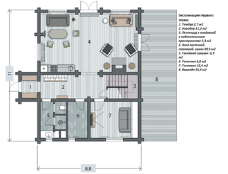 Проект ИДВ-1 двухэтажного дома из профилированного бруса камерной сушки 11х8,8м - планировка 1 этаж