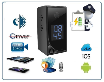 Комнатная беспроводная WiFi видеокамера на аккумуляторе с DVR с табло времени/будильник, Full HD (до 90 дней) (CamSC Pro)