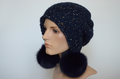 Синяя меланжевая шапка ушанка с помпонами Vizio Италия 6958