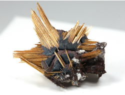 Редкость! Рутил свободного роста, сростки "звезды" золотистых игольчатых кристаллов на кристаллах гематита, Бразилия (27*22*15 мм, 2,3 г) №37914