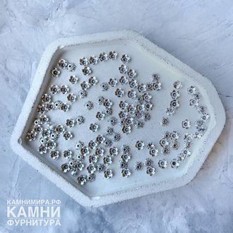 Шапочки "Цветок шесть лепестков" 6 мм, цвет серебро, цена за набор