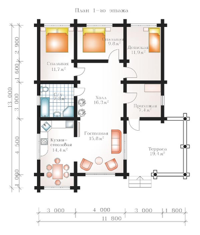 Одноэтажный дом из бревна ДБ-08, площадь 110 м2