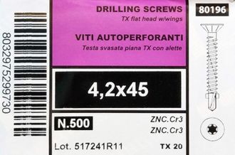 4,2х45 (500 шт) Cаморез флюгель потай, DIN 7504-O, TORX 20