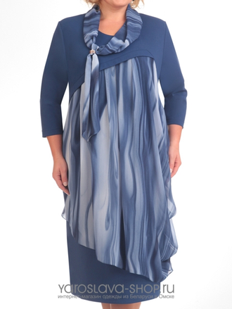 Модель: 2543-1. Платье трикотажное голубое 2х слойное с шифоном.